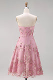A-Line Tulle Sweetheart Pink Fuchsia Appliqued Floral Midi Dress