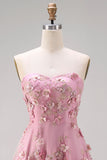 A-Line Tulle Sweetheart Pink Fuchsia Appliqued Floral Midi Dress