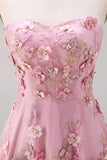 A-Line Tulle Sweetheart Pink Fuchsia Appliqued Floral Midi Dress