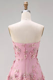 A-Line Tulle Sweetheart Pink Fuchsia Appliqued Floral Midi Dress