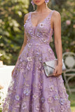 A-Line Tulle Lilac V-Neck Appliqued Beaded Floral Midi Dress