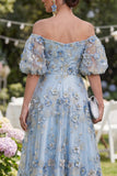 Off the Shoulder A-Line Tulle Blue Appliqued Ruched Beaded Floral Midi Dress