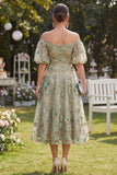 Off the Shoulder A-Line Tulle Blue Appliqued Ruched Beaded Floral Midi Dress