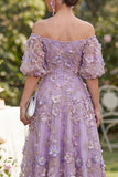 Off the Shoulder A-Line Tulle Blue Appliqued Ruched Beaded Floral Midi Dress