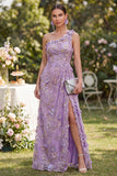 Mermaid Tulle Lilac One Shoulder Appliqued Beaded Ruched Long Floral Dress with Slit