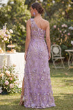 Mermaid Tulle Lilac One Shoulder Appliqued Beaded Ruched Long Floral Dress with Slit
