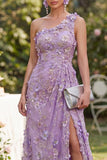 Mermaid Tulle Lilac One Shoulder Appliqued Beaded Ruched Long Floral Dress with Slit