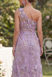 Mermaid Tulle Lilac One Shoulder Appliqued Beaded Ruched Long Floral Dress with Slit