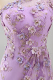 Mermaid Tulle Lilac One Shoulder Appliqued Beaded Ruched Long Floral Dress with Slit