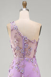 Mermaid Tulle Lilac One Shoulder Appliqued Beaded Ruched Long Floral Dress with Slit