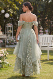 Off the Shoulder Organza Dusty Green A-Line Appliqued Corset Midi Floral Dress