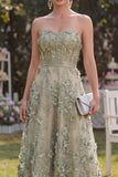 Dusty Green A-Line Tulle Appliqued Beaded Corset Midi Floral Dress