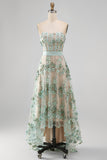 Dusty Green A-Line Tulle Appliqued Beaded Corset Midi Floral Dress