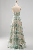 Dusty Green A-Line Tulle Appliqued Beaded Corset Midi Floral Dress