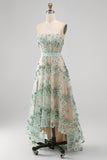 Dusty Green A-Line Tulle Appliqued Beaded Corset Midi Floral Dress