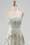 Dusty Green A-Line Tulle Appliqued Beaded Corset Midi Floral Dress