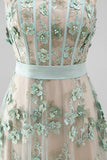 Dusty Green A-Line Tulle Appliqued Beaded Corset Midi Floral Dress