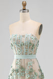 Dusty Green A-Line Tulle Appliqued Beaded Corset Midi Floral Dress