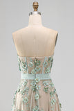 Dusty Green A-Line Tulle Appliqued Beaded Corset Midi Floral Dress