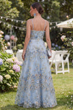 Blue A-Line Tulle Appliqued Beaded Ruched Long Floral Dress