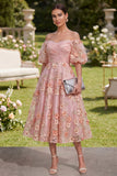 Pink Orange Off the Shoulder A-Line Tulle Appliqued Beaded Ruched Midi Floral Dress