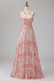 A-Line Pink Orange Halter Neck Appliqued Beaded Long Floral Wedding Guest Dress
