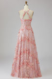 A-Line Pink Orange Halter Neck Appliqued Beaded Long Floral Wedding Guest Dress