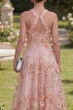 A-Line Pink Orange Tulle Halter Neck Appliqued Beaded Long Floral Dress