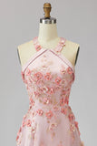 A-Line Pink Orange Halter Neck Appliqued Beaded Long Floral Wedding Guest Dress