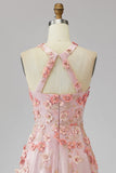 A-Line Pink Orange Halter Neck Appliqued Beaded Long Floral Wedding Guest Dress