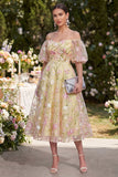 Light Yellow Puff Sleeves Floral Ruched A Line Maxi Wedding Guest Dress