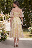 Light Yellow Puff Sleeves Floral Ruched A Line Maxi Wedding Guest Dress