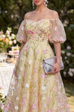 Light Yellow Puff Sleeves Floral Ruched A Line Maxi Wedding Guest Dress