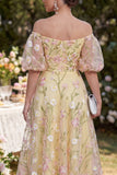 Light Yellow Puff Sleeves Floral Ruched A Line Maxi Wedding Guest Dress