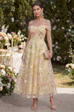 Light Yellow A Line Ruched Off the Shoulder Floral Maxi Wedding Guest Dress