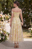 Light Yellow A Line Ruched Off the Shoulder Floral Maxi Wedding Guest Dress