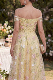 Light Yellow A Line Ruched Off the Shoulder Floral Maxi Wedding Guest Dress