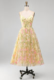 Light Yellow Corset Spaghetti Straps Floral A Line Maxi Wedding Guest Dress