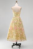 Light Yellow Corset A-Line Midi Wedding Guest Dress with Embroidery