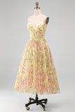 Light Yellow Corset A-Line Midi Wedding Guest Dress with Embroidery
