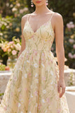 Light Yellow Corset Spaghetti Straps Floral A Line Maxi Wedding Guest Dress