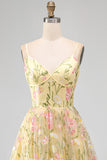 Light Yellow Corset A-Line Midi Wedding Guest Dress with Embroidery