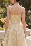 Light Yellow Corset Spaghetti Straps Floral A Line Maxi Wedding Guest Dress