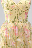 Light Yellow Corset A-Line Midi Wedding Guest Dress with Embroidery