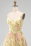 Light Yellow Corset Spaghetti Straps Floral A Line Maxi Wedding Guest Dress