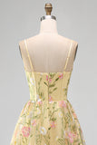 Light Yellow Corset A-Line Midi Wedding Guest Dress with Embroidery