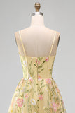 Light Yellow Corset Spaghetti Straps Floral A Line Maxi Wedding Guest Dress