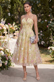 Light Yellow Floral Corset Spaghetti Straps A Line Maxi Wedding Guest Dress