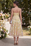 Light Yellow Floral Corset Spaghetti Straps A Line Maxi Wedding Guest Dress