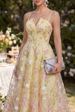 Light Yellow Floral Corset Spaghetti Straps A Line Maxi Wedding Guest Dress